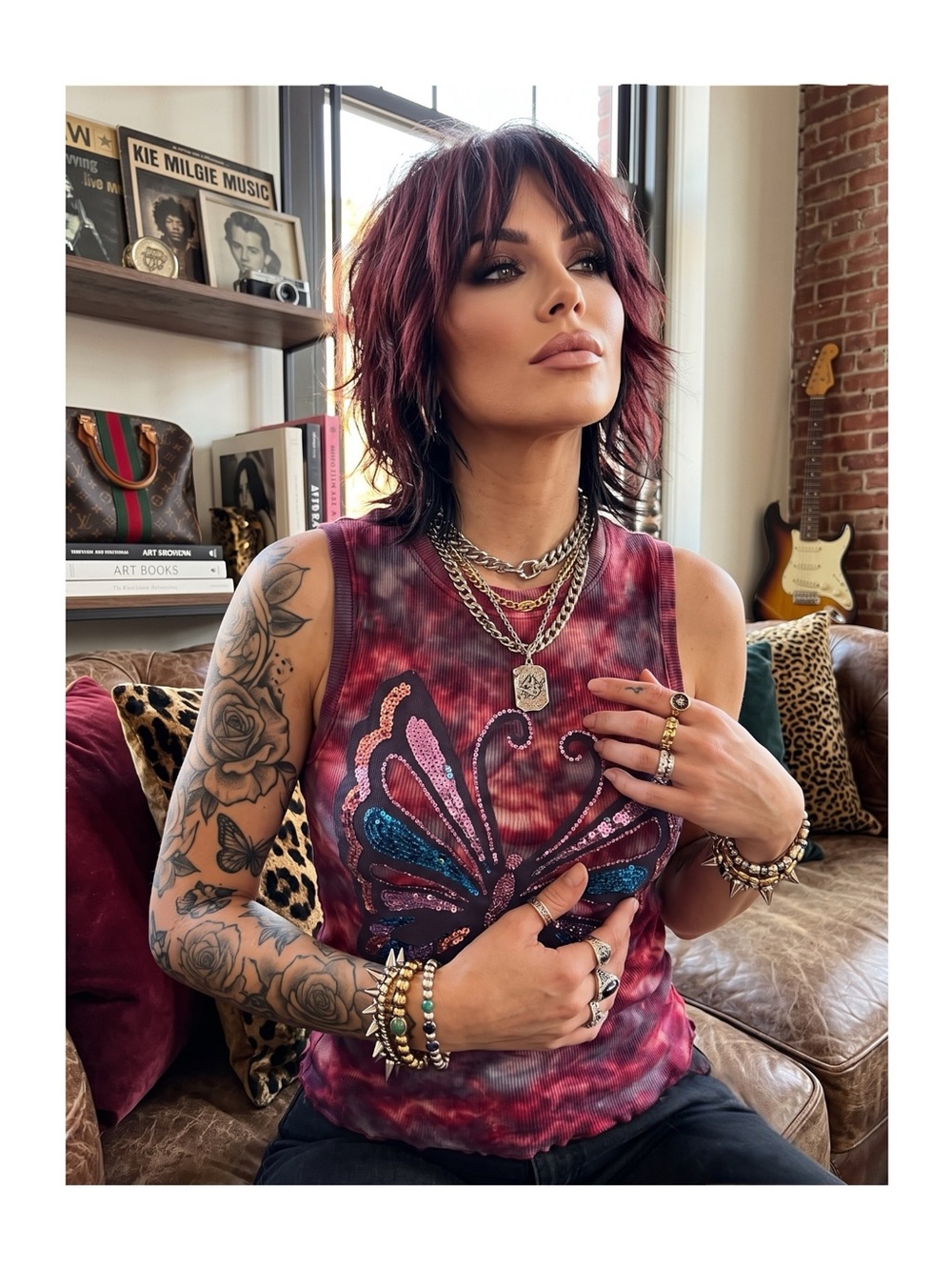 Vintage 90s: Alix + Maxx ᪥ Butterfly Sequin Tank Top ᪥ Red Tie Dye ᪥ Handmade M